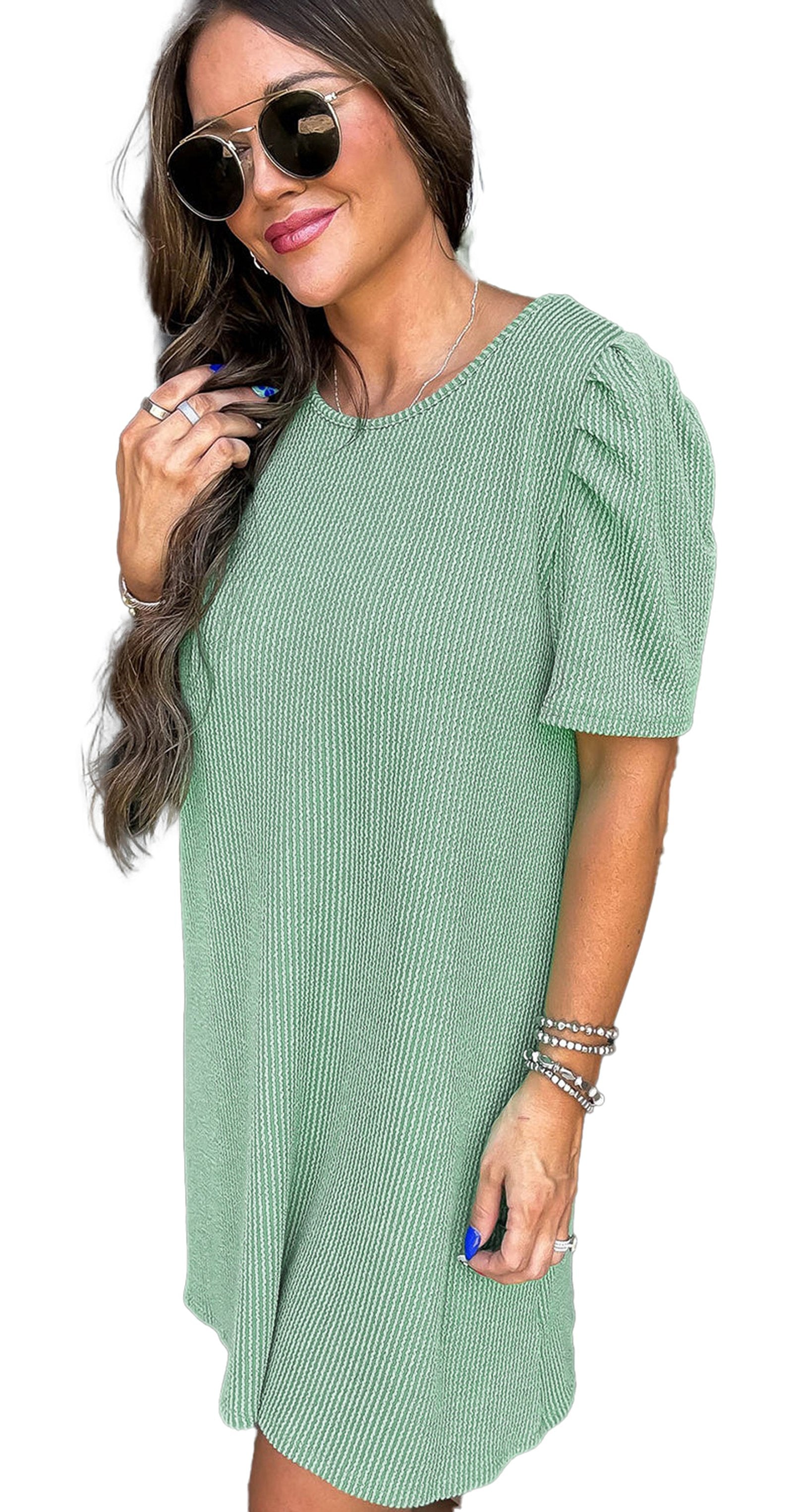 LuckeLadybug parchment knit mini dress sage green H line silhouette with puff sleeves on model
