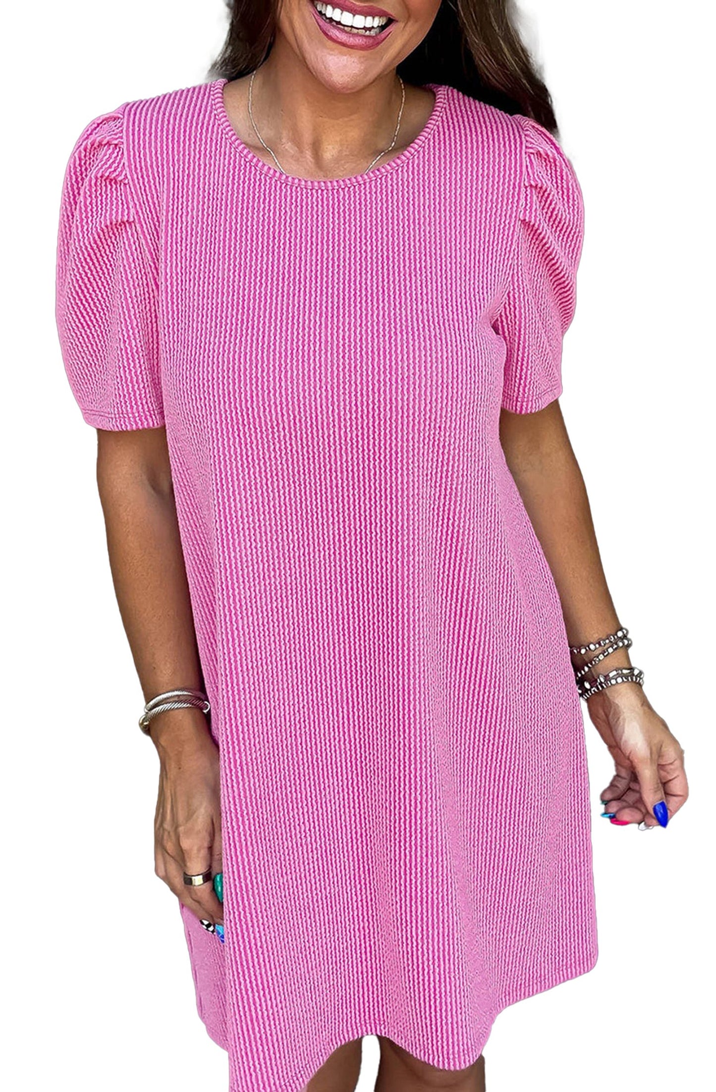 LuckeLadybug H Line parchment knit mini dress pink textured knit with puff sleeves on model