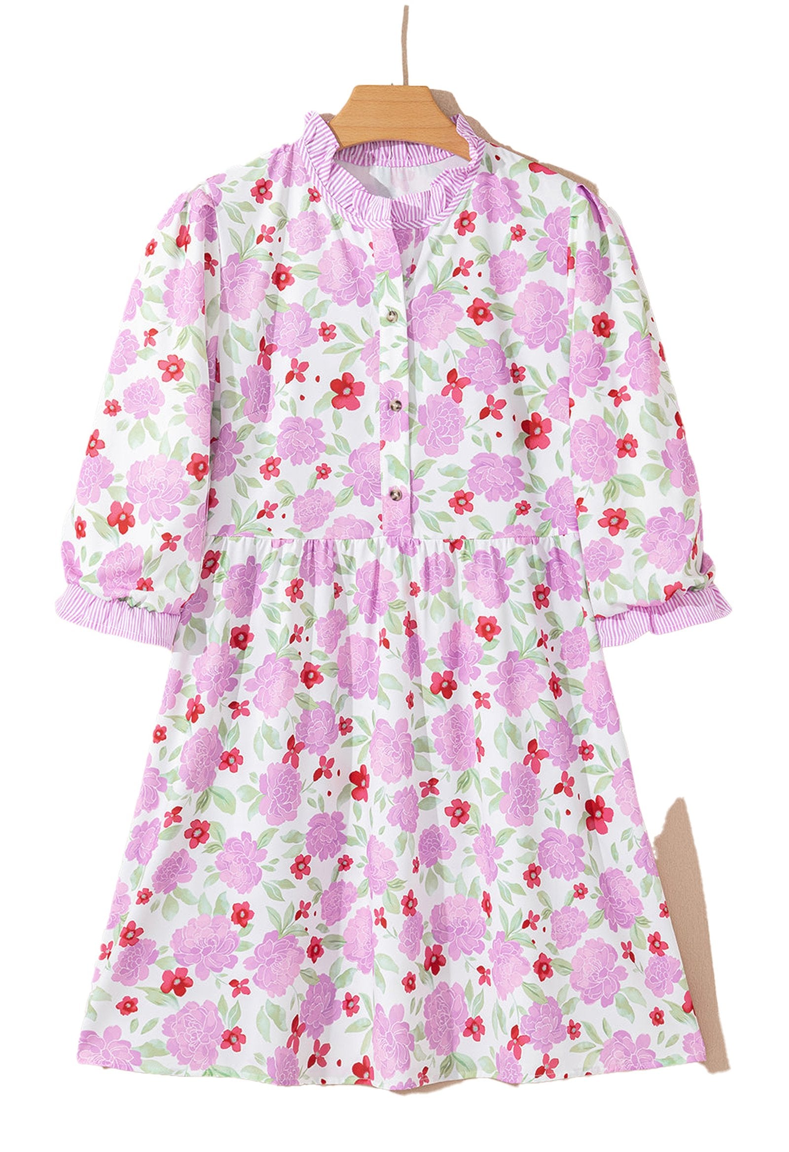 LuckeLadybug pink floral mini dress with pink and red blooms ruffle collar and three quarter sleeves on hanger