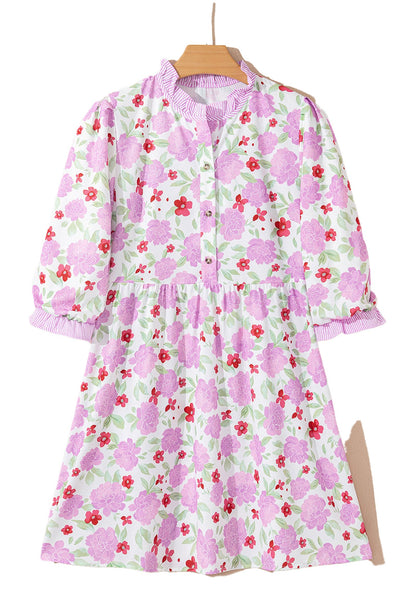 LuckeLadybug pink floral mini dress with pink and red blooms ruffle collar and three quarter sleeves on hanger