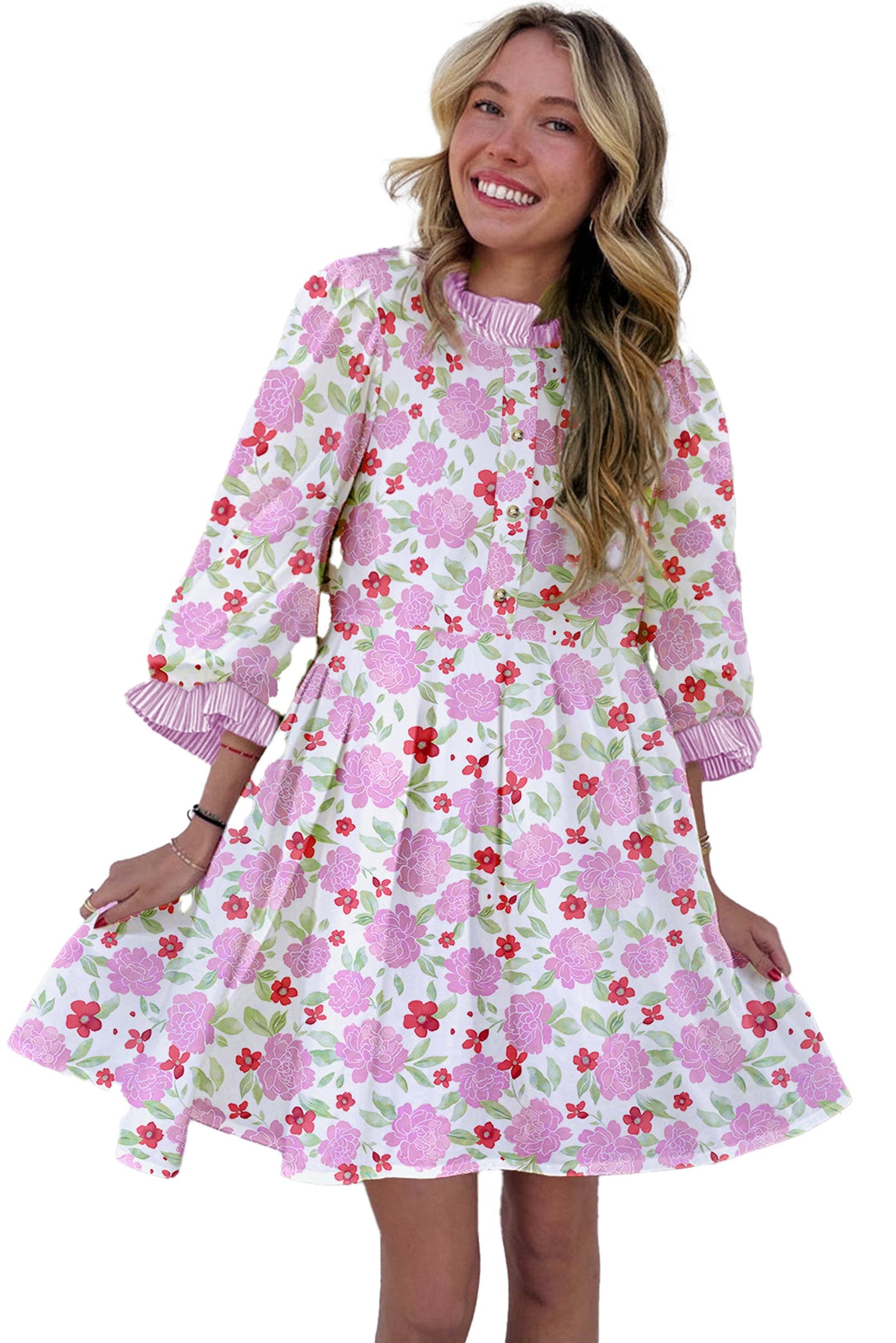 Model wearing LuckeLadybug pink floral mini dress with ruffle collar long puff sleeves and tiered skirt