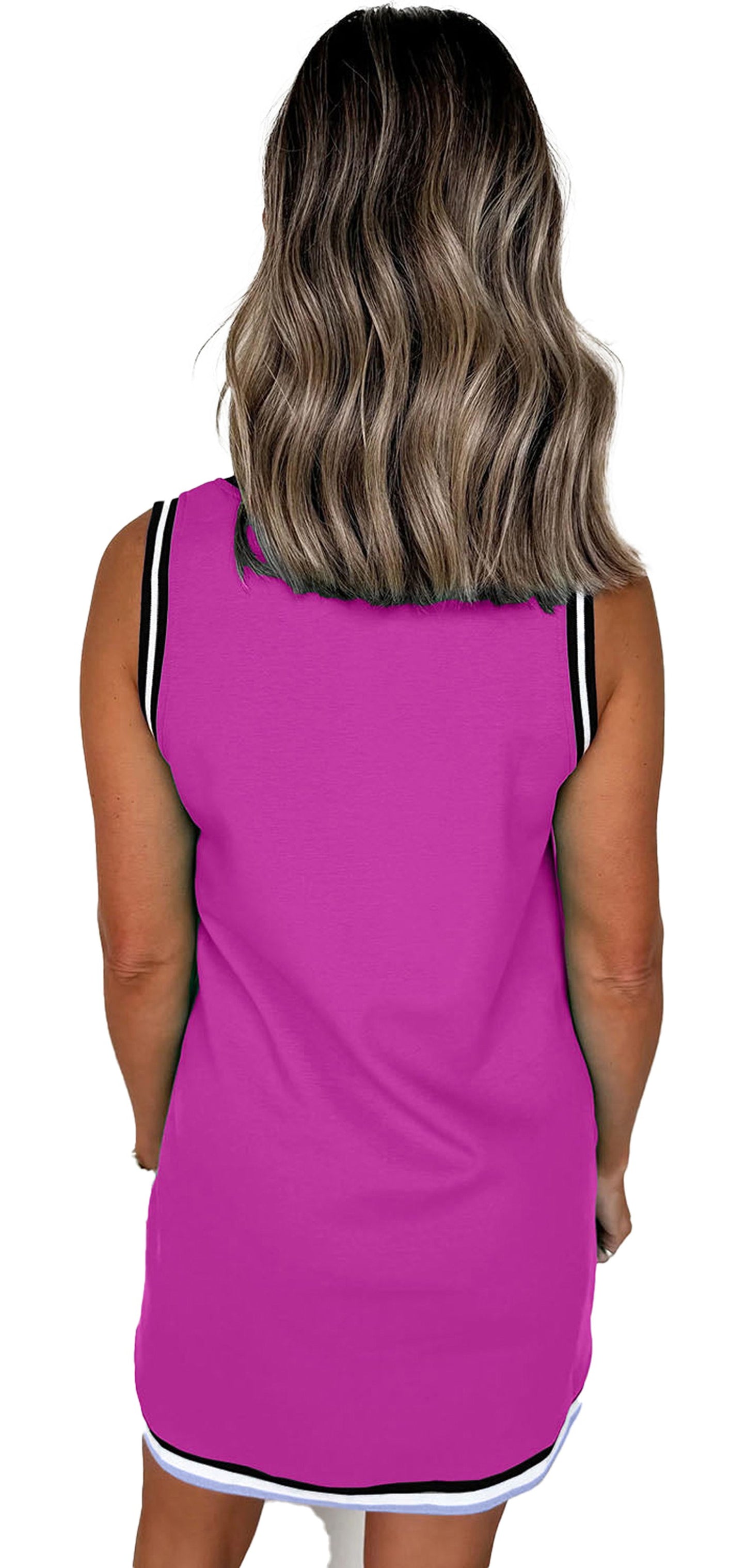Back view of model wearing purple V neck sleeveless mini dress with H Line silhouette and contrast trim