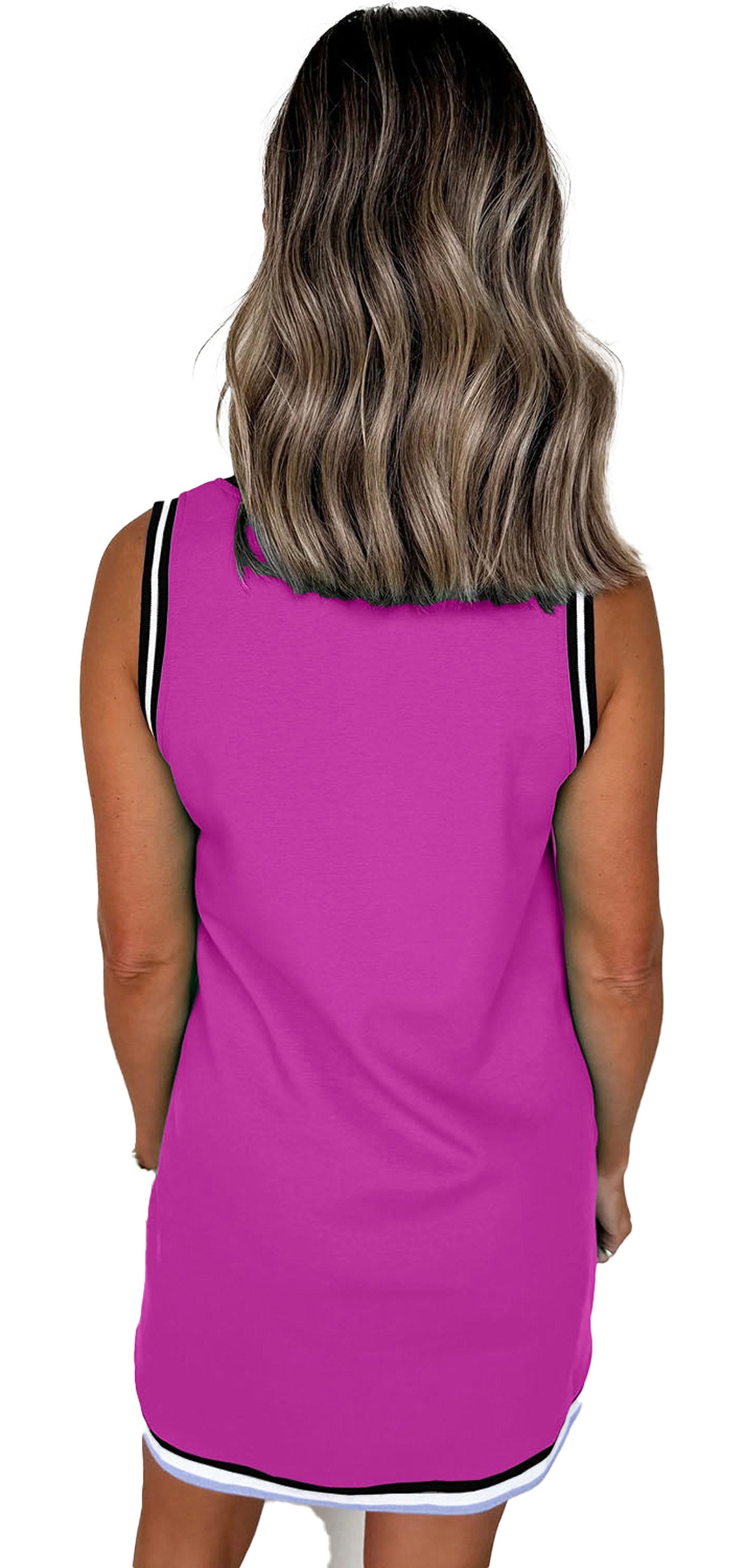 Back view of model wearing purple V neck sleeveless mini dress with H Line silhouette and contrast trim