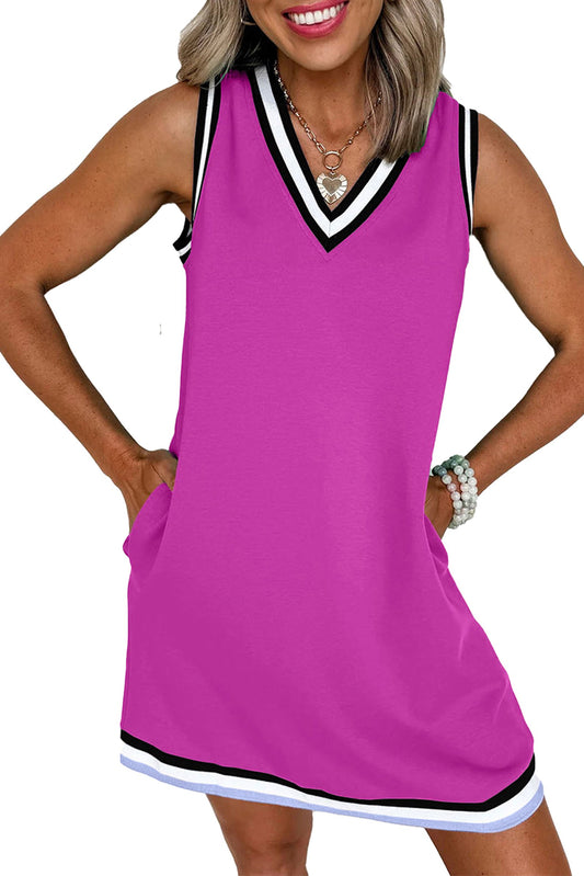 purple V neck sleeveless mini dress by LuckeLadybug H Line with contrast trim pockets and sporty casual fit