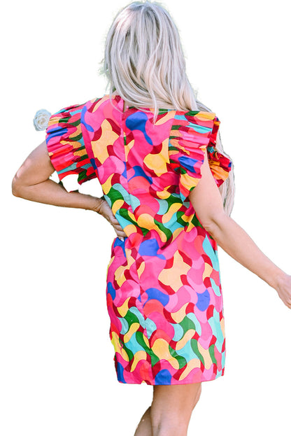 LuckeLadybug rose red abstract print dress mini with ruffled sleeves model back view in garden