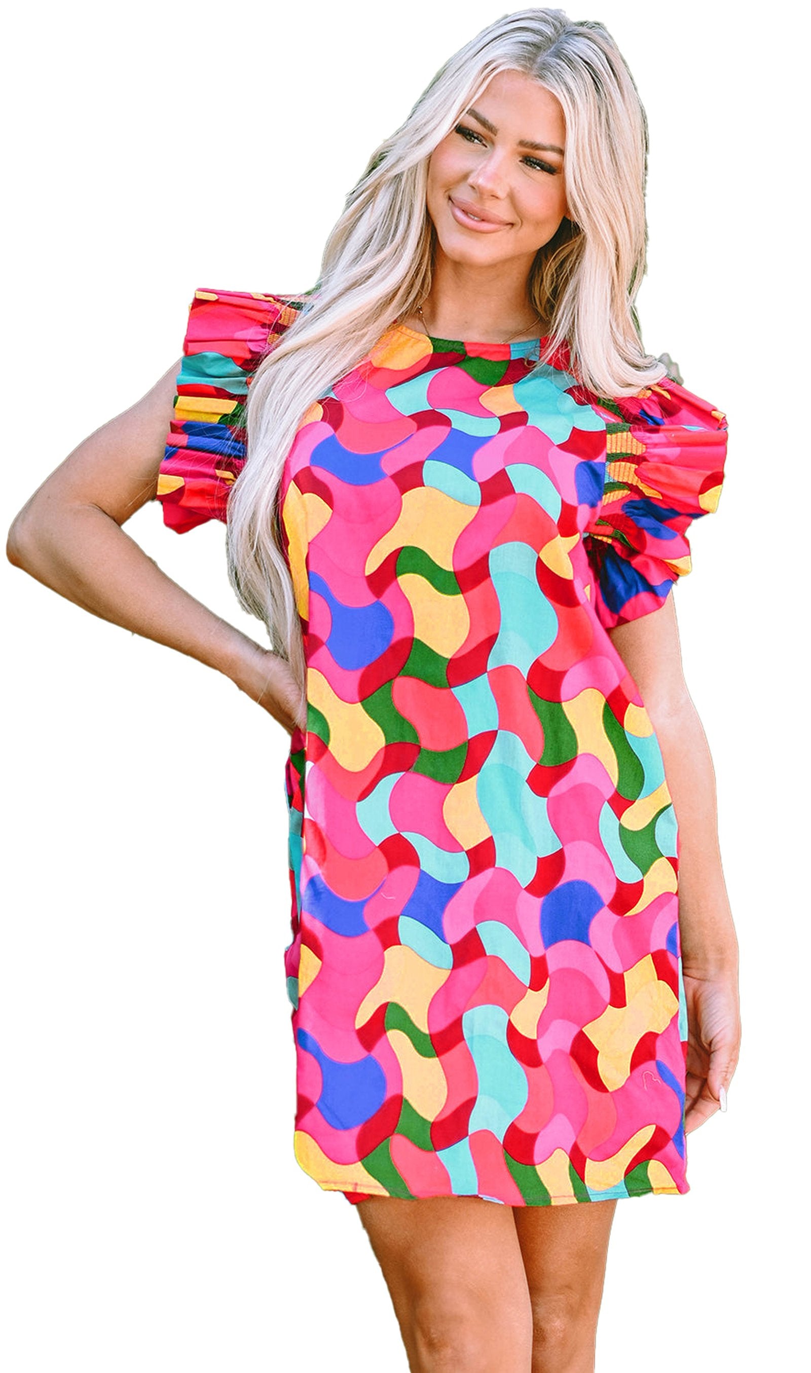 LuckeLadybug rose red abstract print dress mini shift with colorful wavy pattern and ruffled puff sleeves