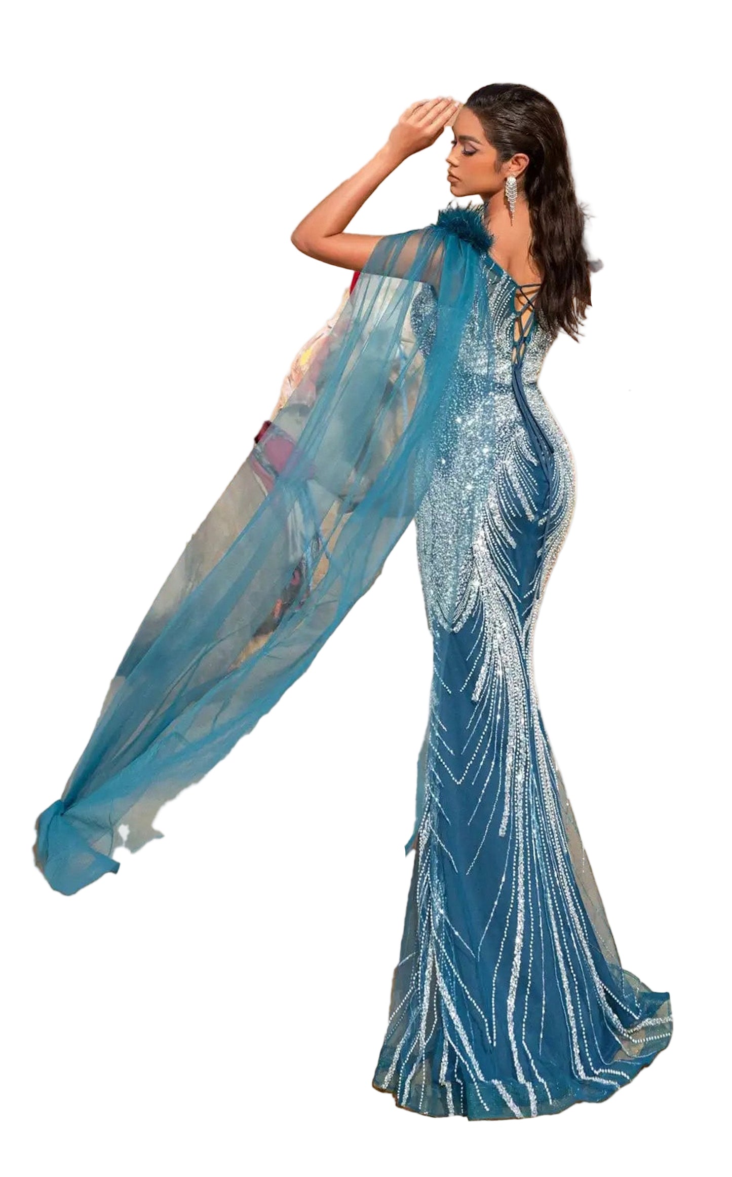 Elegant luxury beaded mermaid evening dress by LuckeLadybug with flowing cape detail