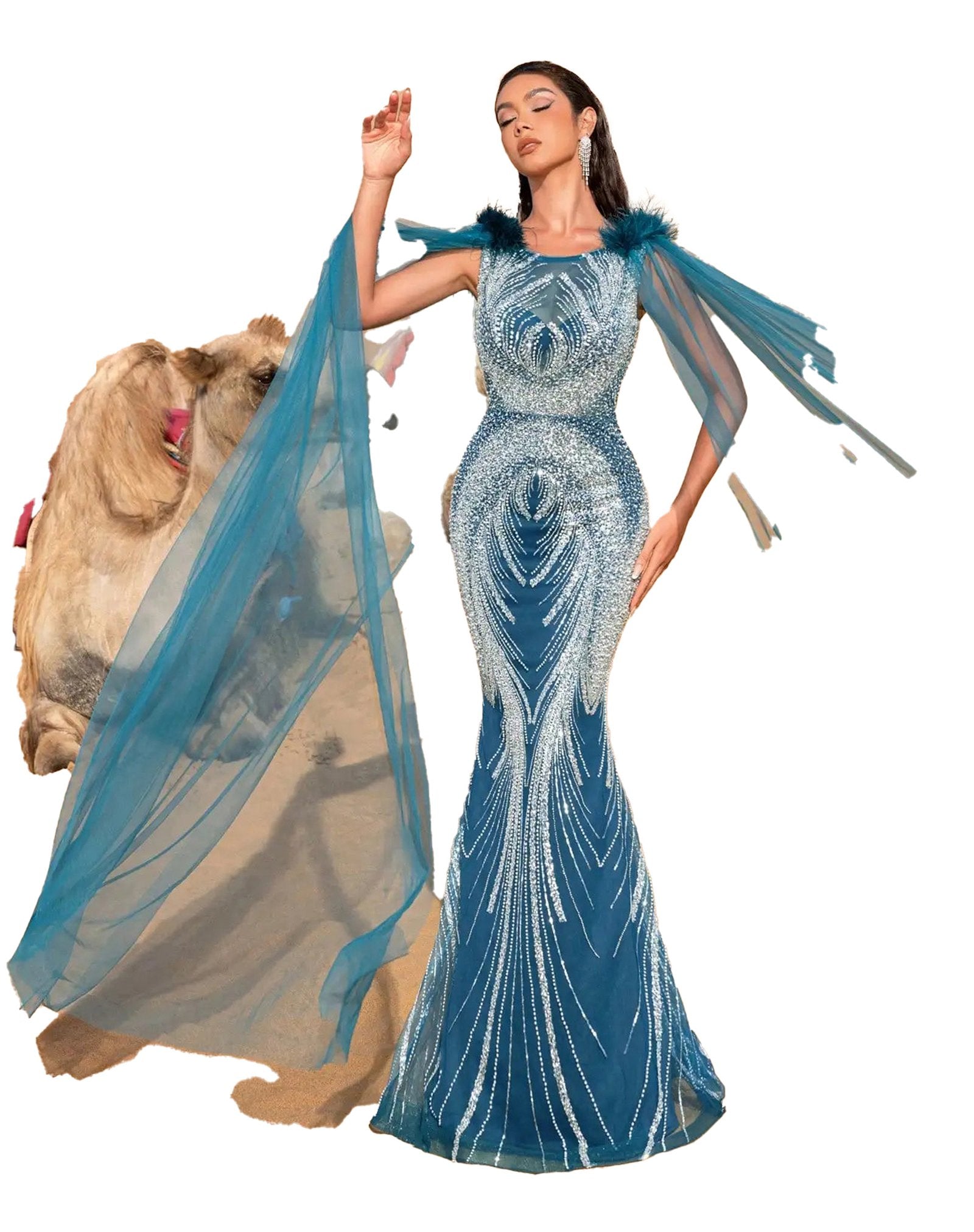 Elegant luxury beaded mermaid evening dress in blue with flowing cape detail for special occasions