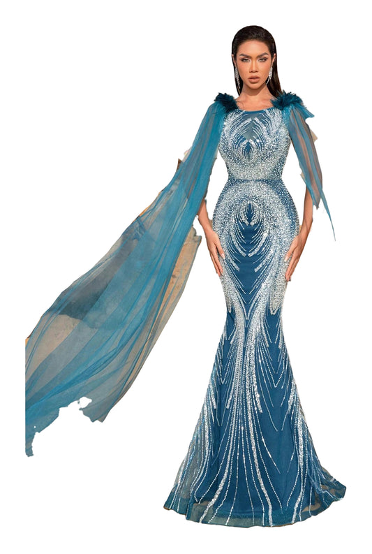 Stunning luxury beaded mermaid evening dress in teal with flowing cape sleeves for elegant events