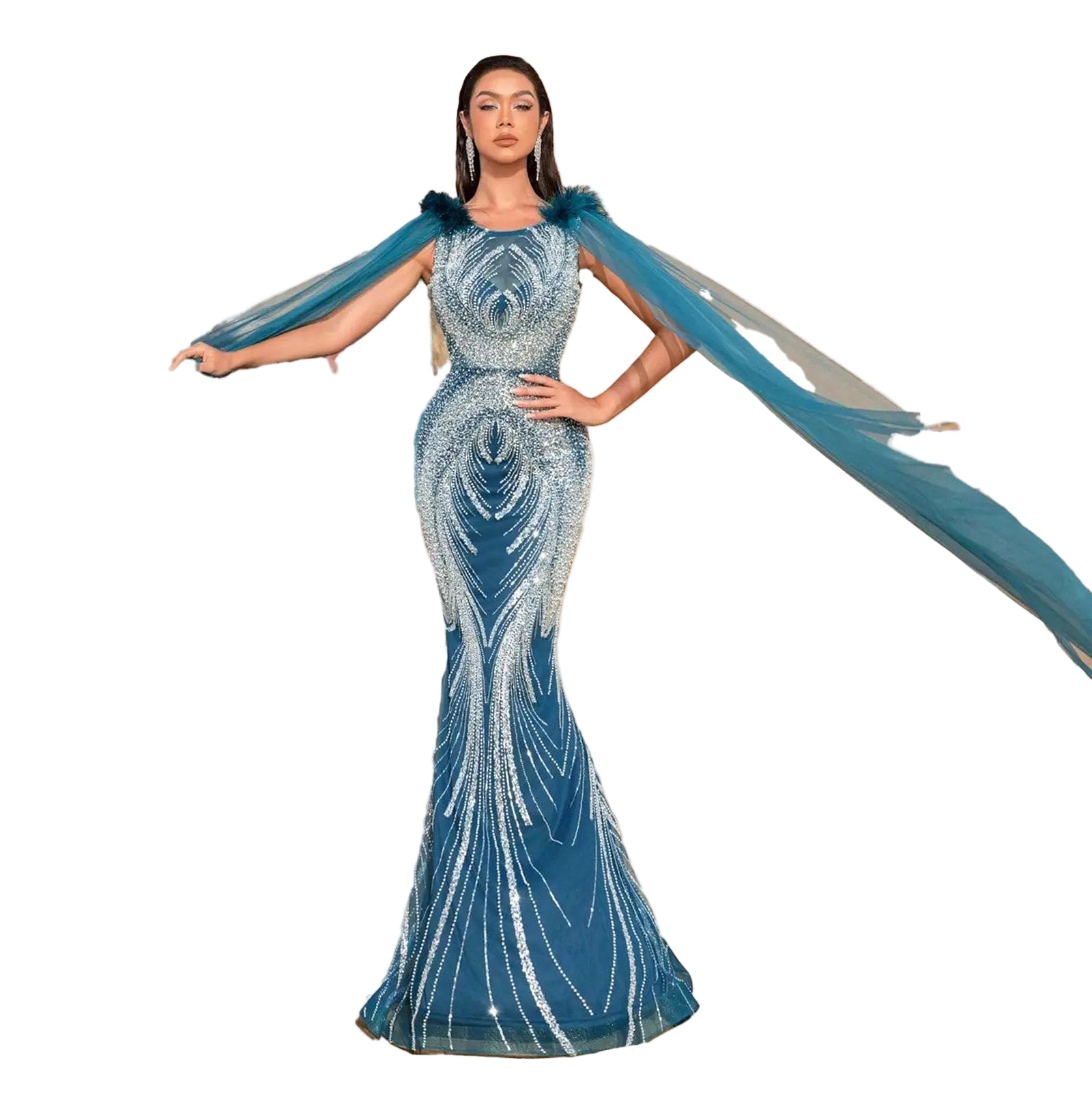 Luxury beaded mermaid evening dress in blue with elegant flowing cape sleeves
