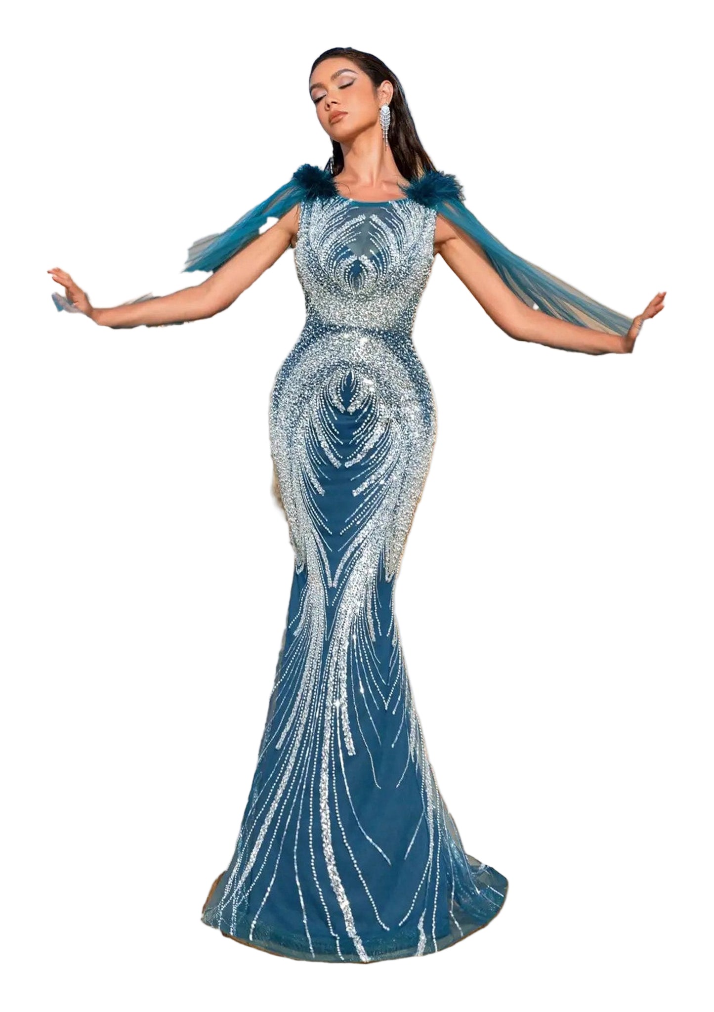 Luxury beaded mermaid evening dress by LuckeLadybug LLC with elegant design and flowing silhouette.