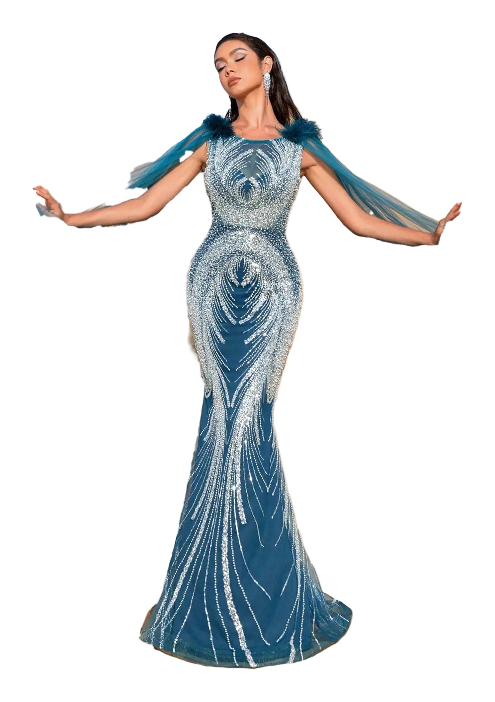 Luxury beaded mermaid evening dress by LuckeLadybug LLC with elegant design and flowing silhouette.