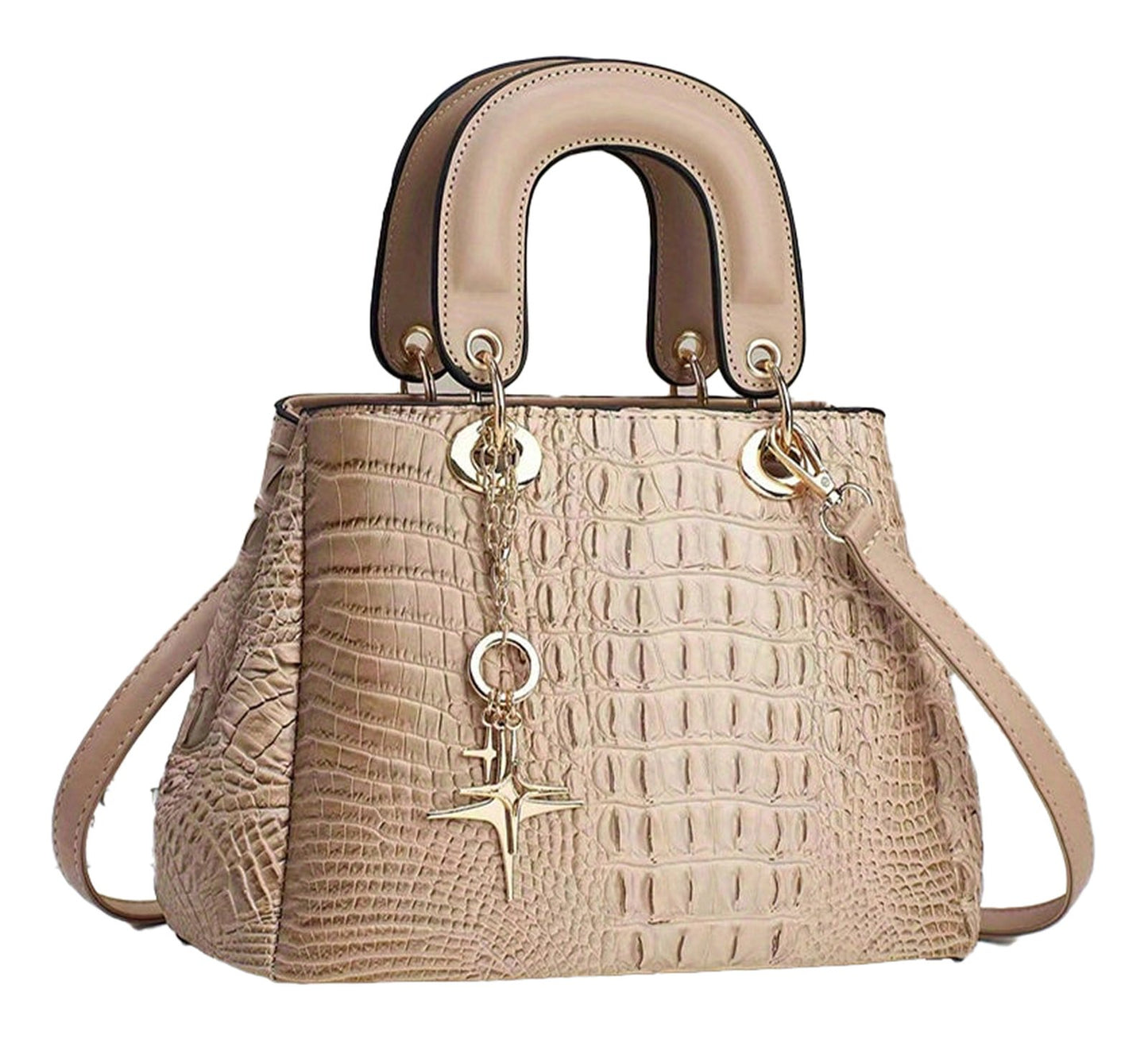 LuckeLadybug luxury crocodile print handbag with unique handles and stylish charm detail
