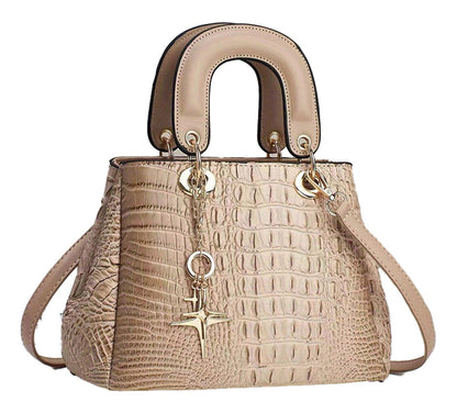 LuckeLadybug luxury crocodile print handbag with unique handles and stylish charm detail