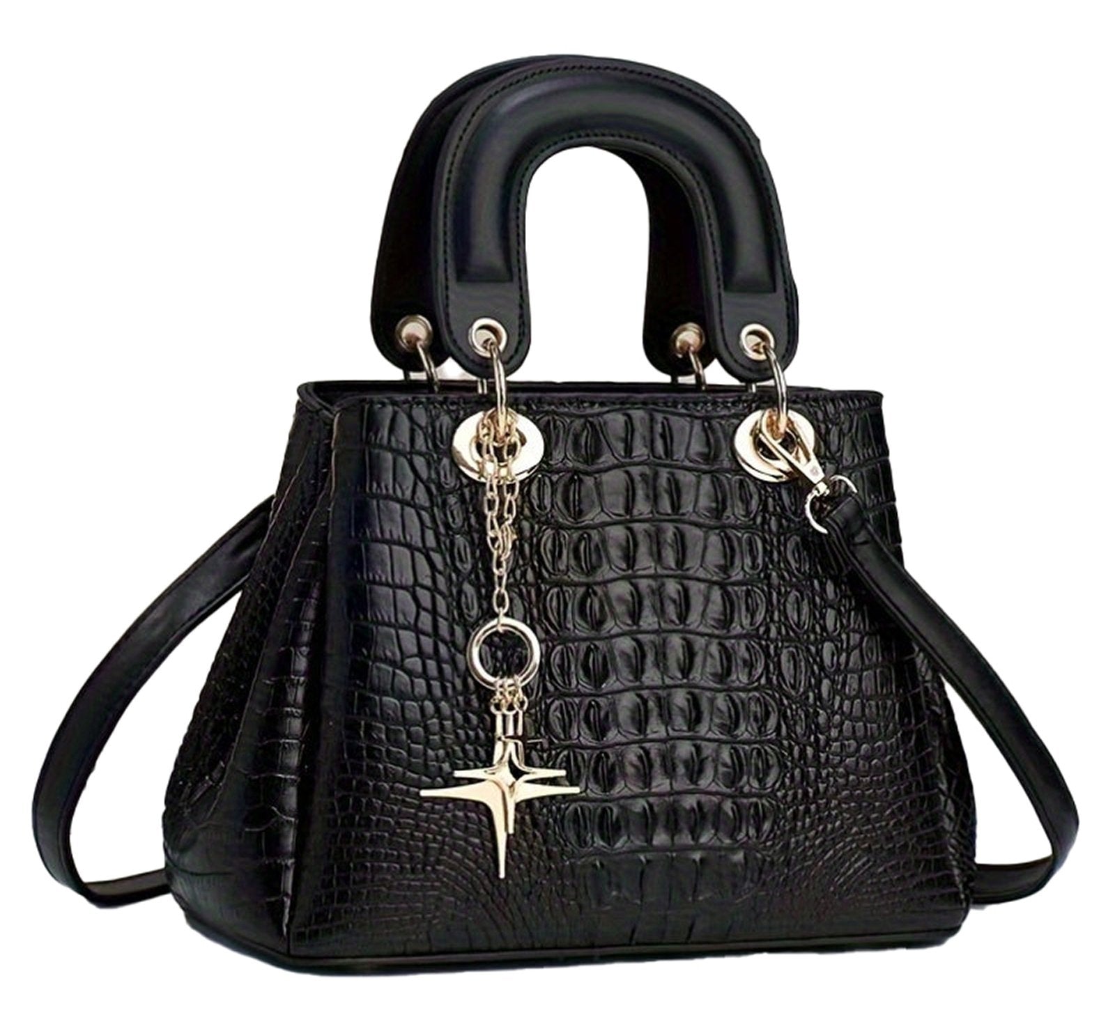 Black luxury crocodile print handbag with dual handles and a decorative charm