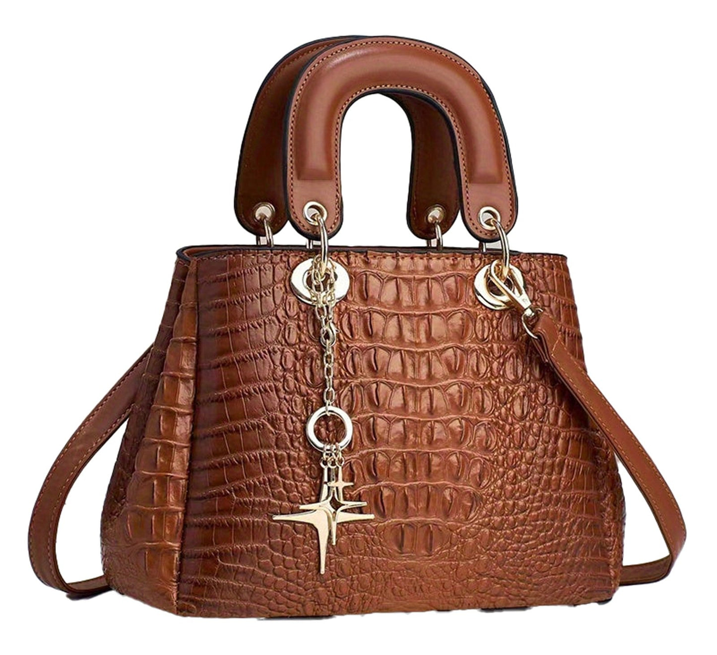 Luxury crocodile print handbag by LuckeLadybug LLC with stylish handles and charm detail