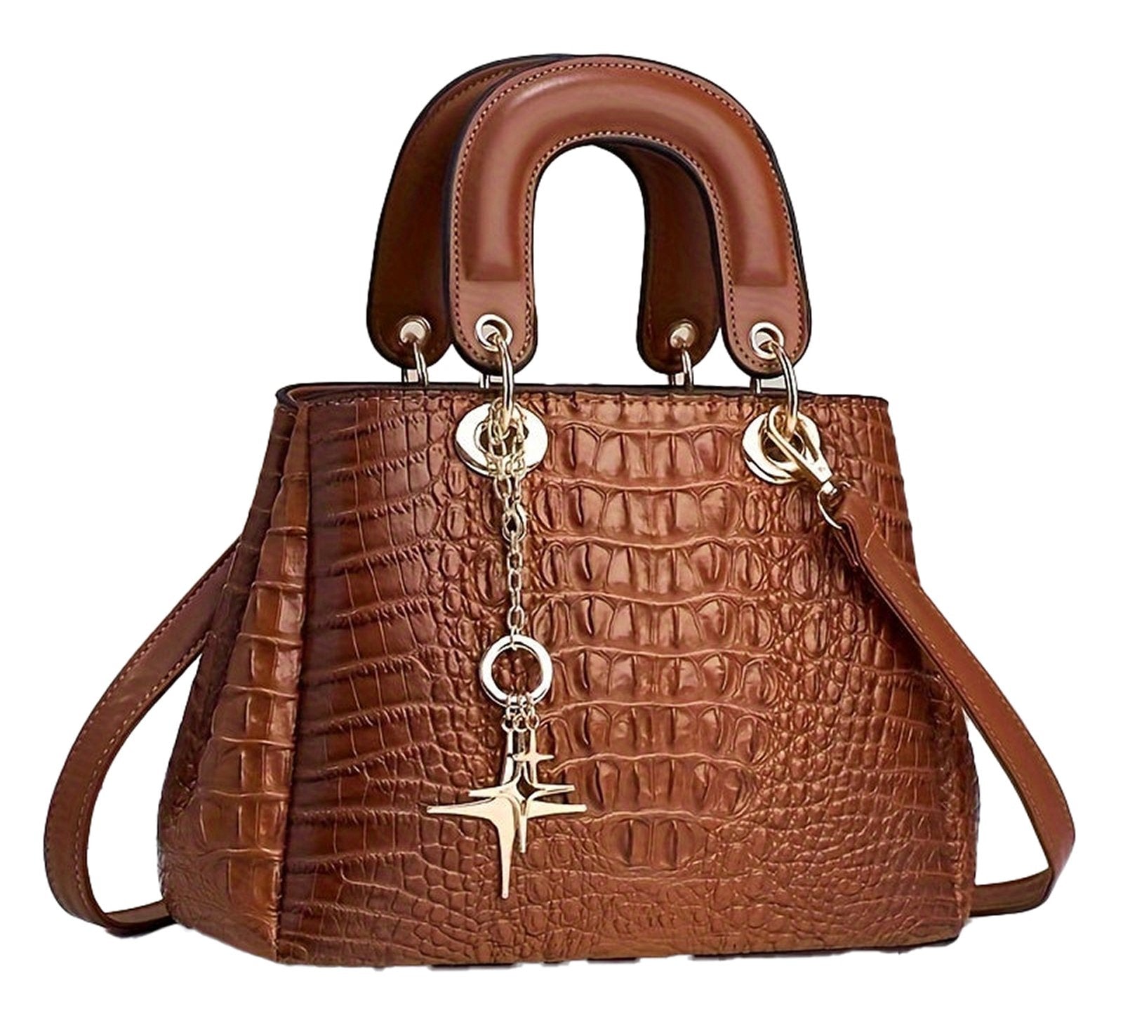 LuckeLadybug luxury crocodile print handbag with dual handles and stylish charm detail