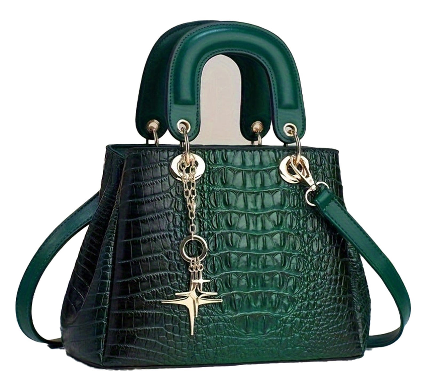 LuckeLadybug luxury crocodile print handbag in green with gold accents and unique handle design