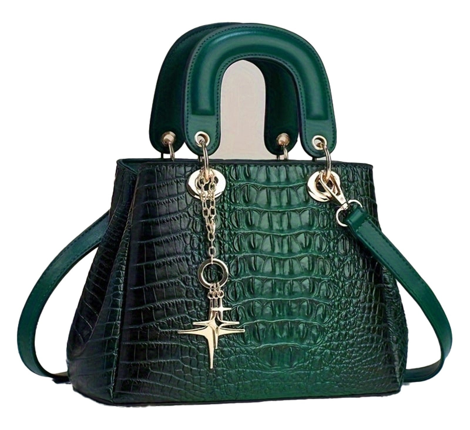 LuckeLadybug luxury crocodile print handbag in green with gold accents and unique handle design