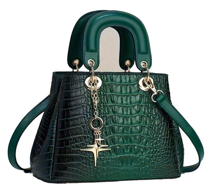 LuckeLadybug luxury crocodile print handbag in green with gold accents and unique handle design