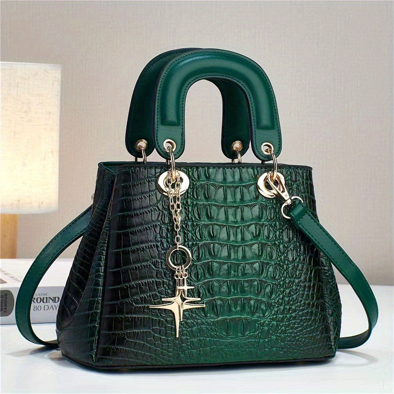 LuckeLadybug luxury crocodile print handbag in green with stylish handles and detachable strap