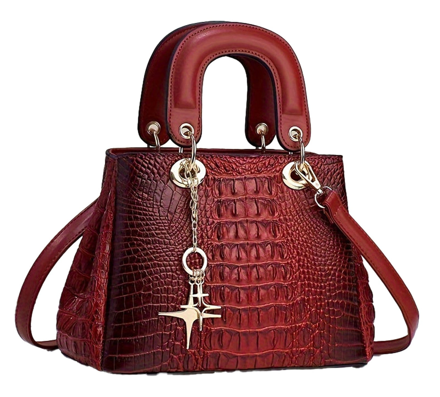 Luxury crocodile print handbag in deep red with gold accents and dual handles for stylish carrying