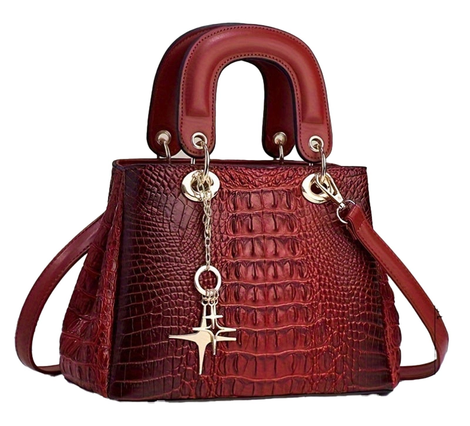 Luxury crocodile print handbag in red with gold accents and an elegant design by LuckeLadybug LLC