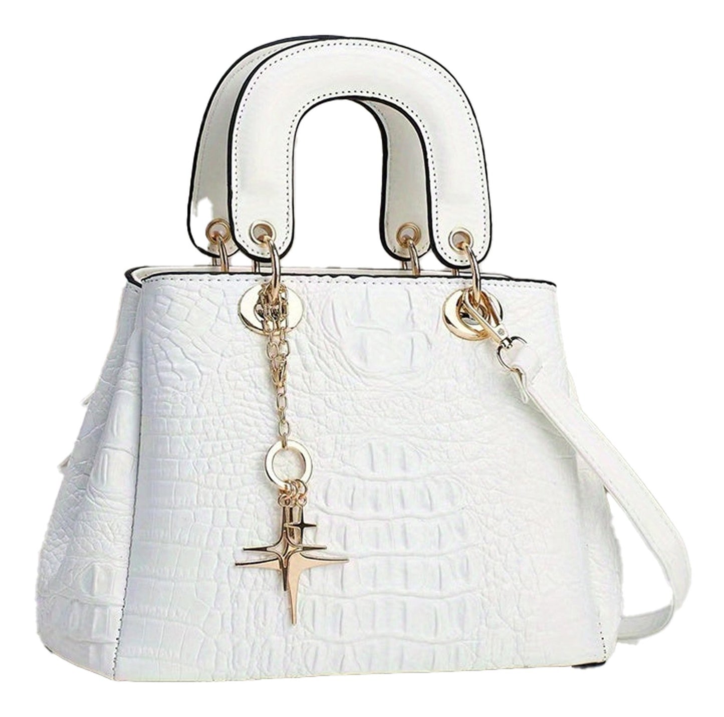White luxury crocodile print handbag with gold accents and stylish double handles