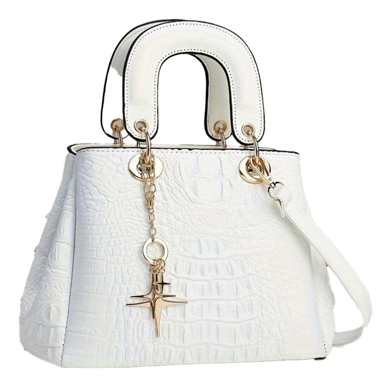 White luxury crocodile print handbag with gold accents and detachable charm for stylish outfits