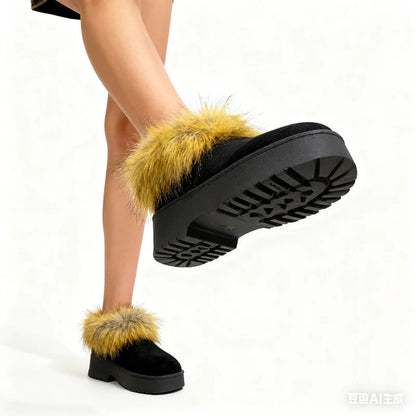 Luxury faux fur snow boots women in black with yellow fur trim for winter fashion