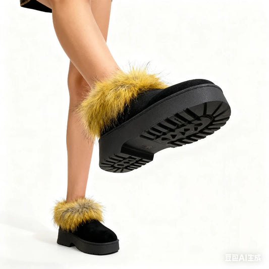 Luxury faux fur snow boots women in black with yellow fur trim for winter fashion