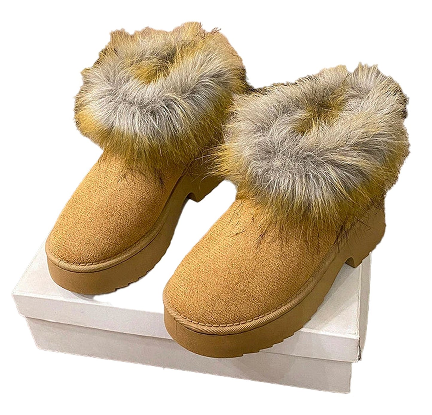 Luxury faux fur snow boots women in tan with plush fur trim for stylish winter wear
