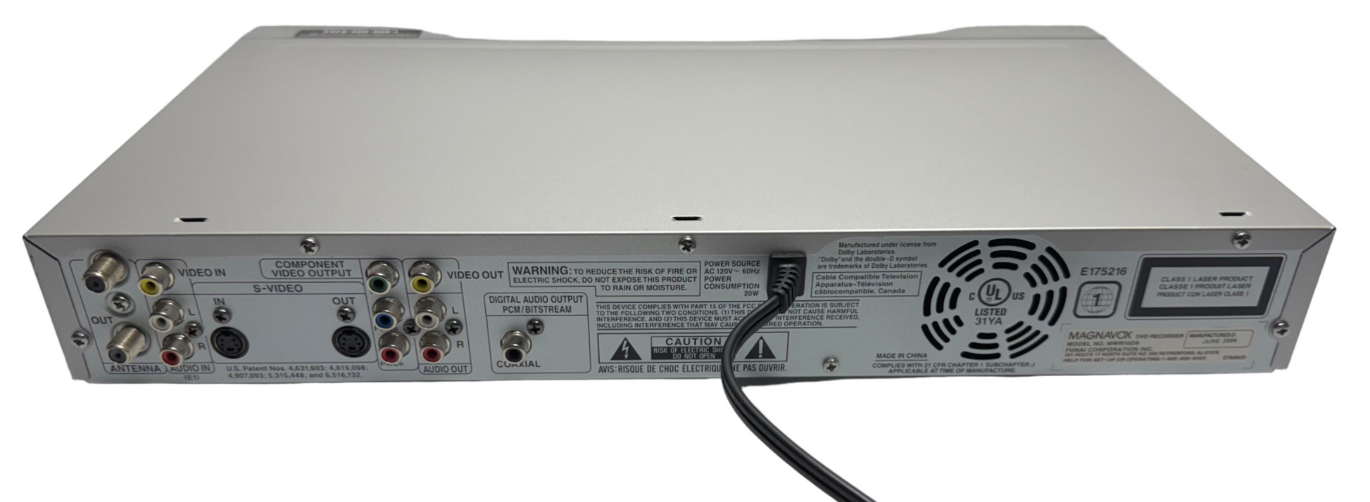 Rear view of a Magnavox DVD recorder showcasing connection ports and power cable.