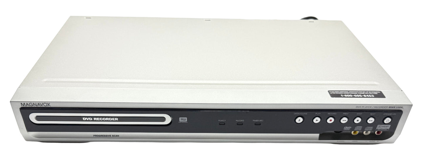 Magnavox DVD recorder in silver with multiple input options for home video recording
