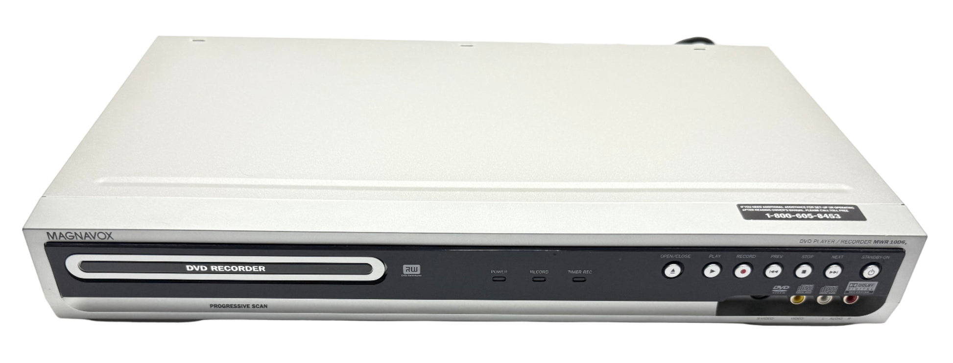Magnavox DVD recorder in silver with multiple input options for home video recording