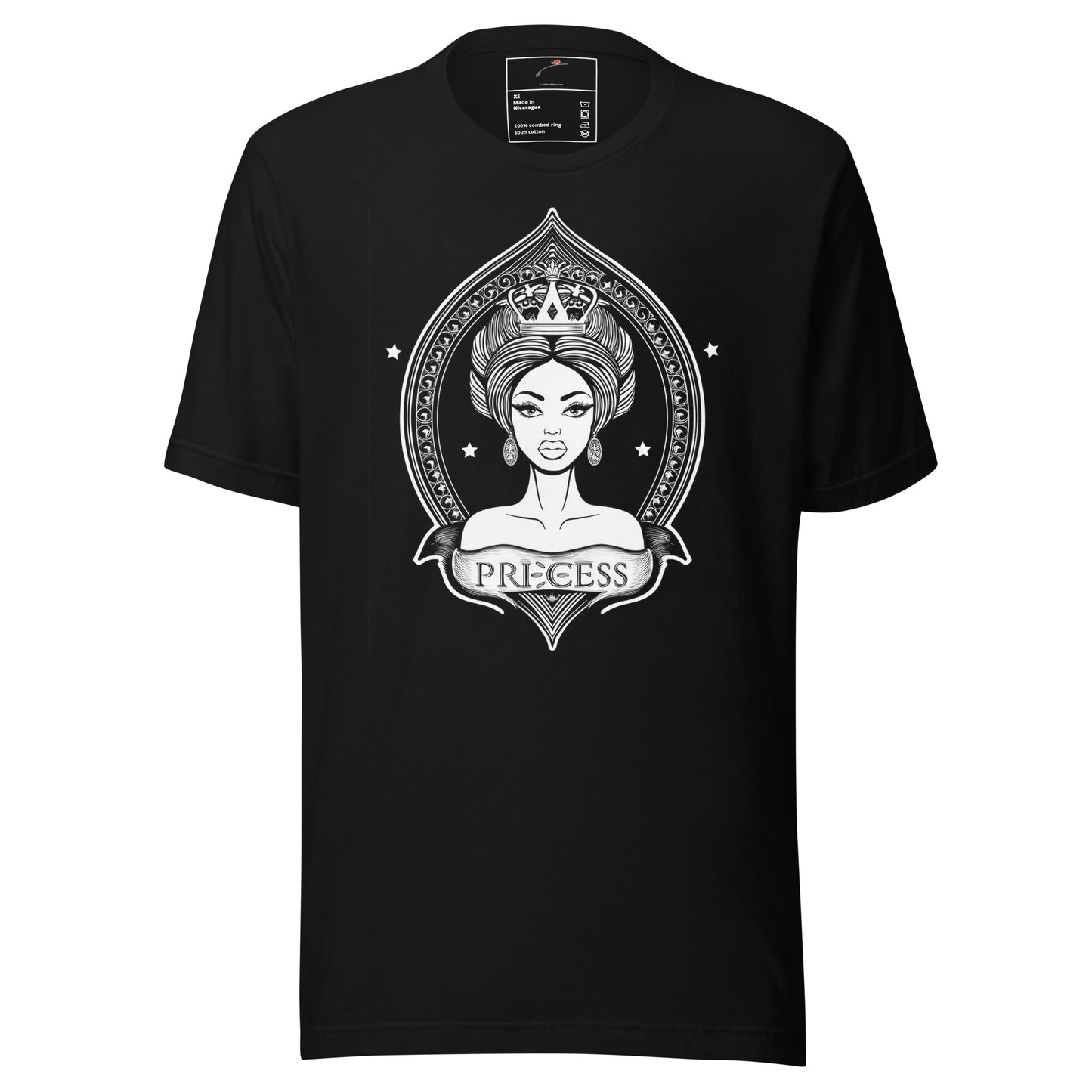 Majestic roots t-shirt for men black with white princess graphic and crown design