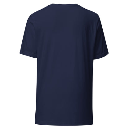 Back view of navy blue majestic roots t-shirt for men with short sleeves and crew neck