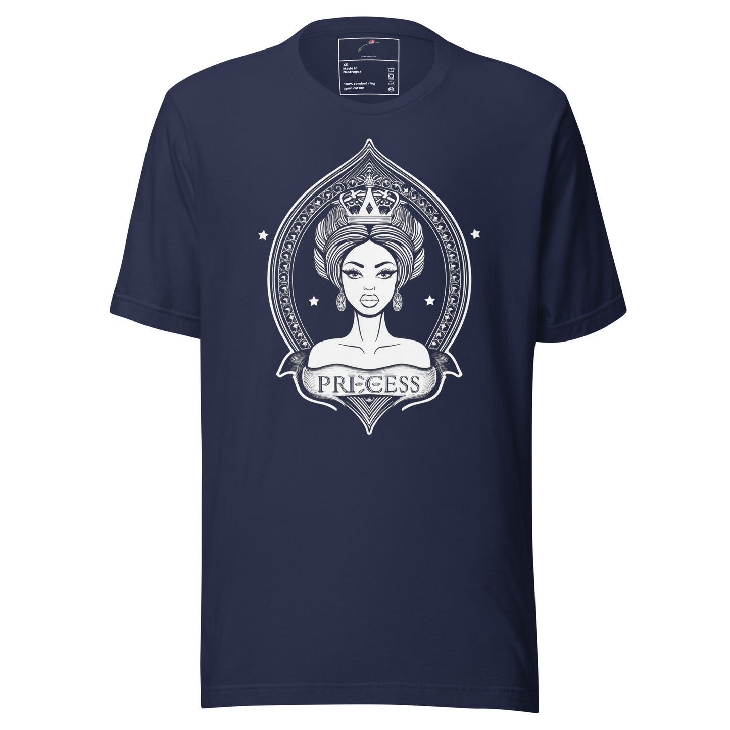 Majestic roots t-shirt for men in navy blue with princess graphic and crown design