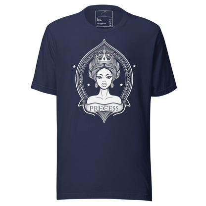 Majestic roots t-shirt for men in navy blue with princess graphic and crown design