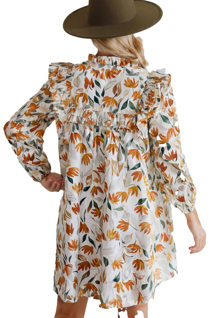 LuckeLadybug yellow floral mini dress back view with ruffle yoke long sleeves and hat