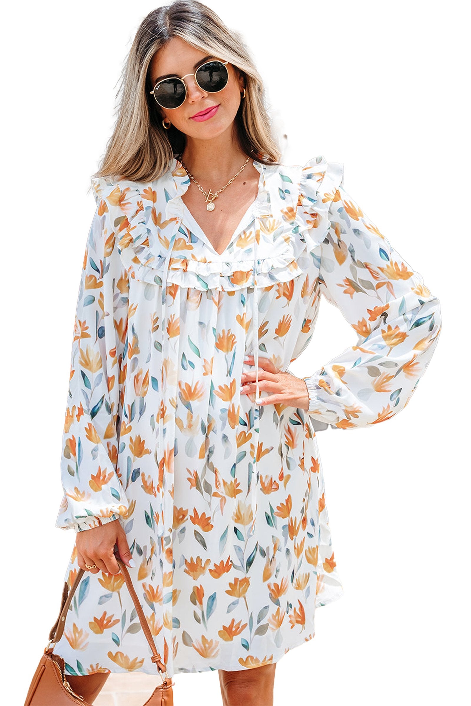 LuckeLadybug yellow floral mini dress with ruffled V neck long sleeves breezy A line fit