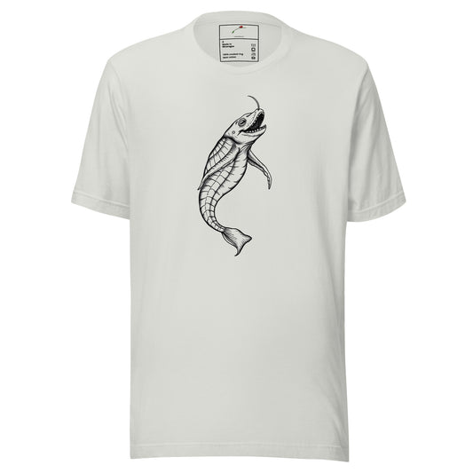 White T-shirt featuring a detailed black fish illustration marine life graphic t-shirt