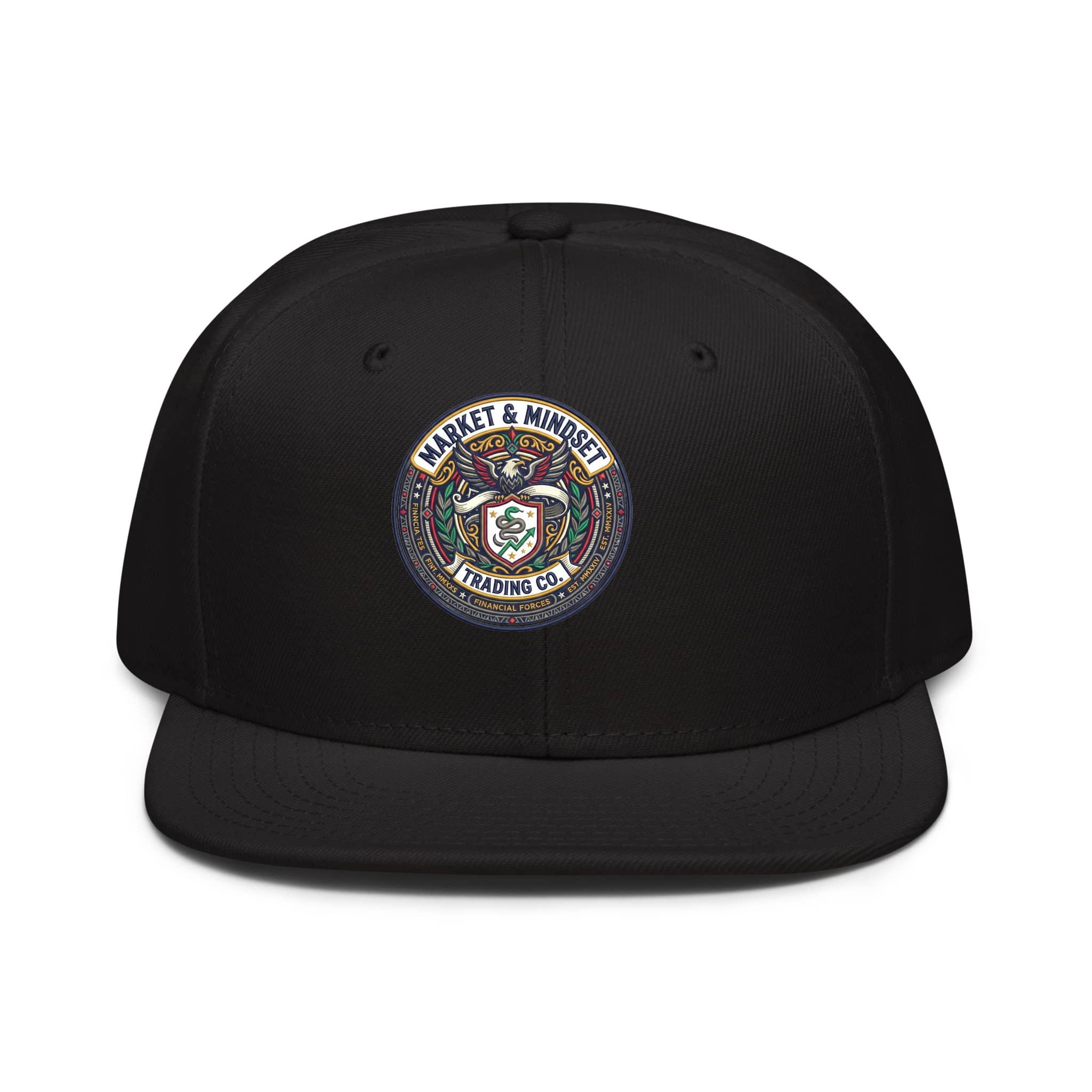 Black hat snapback with round Market & Miners Trading Co logo on front