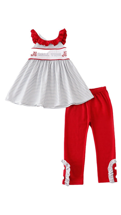 Adorable Maroon Roll Tide Embroidery Stripe Girl Set For Trendy Babies & Toddlers! - LuckeLadybug LLC