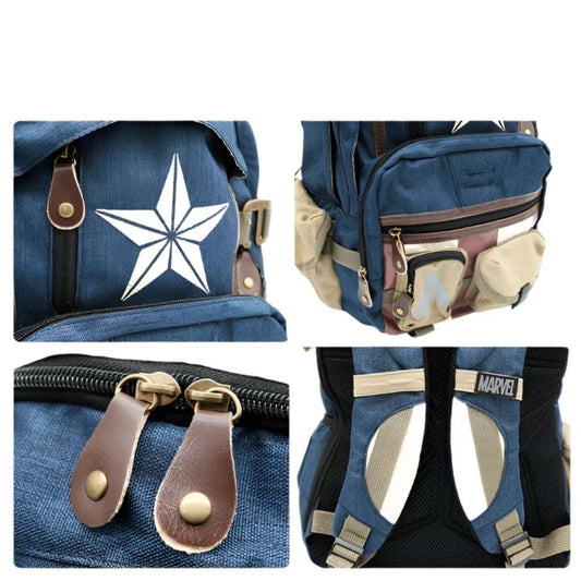 Blue cartoon superhero fans backpack with star design and multiple pockets by LuckeLadybug LLC