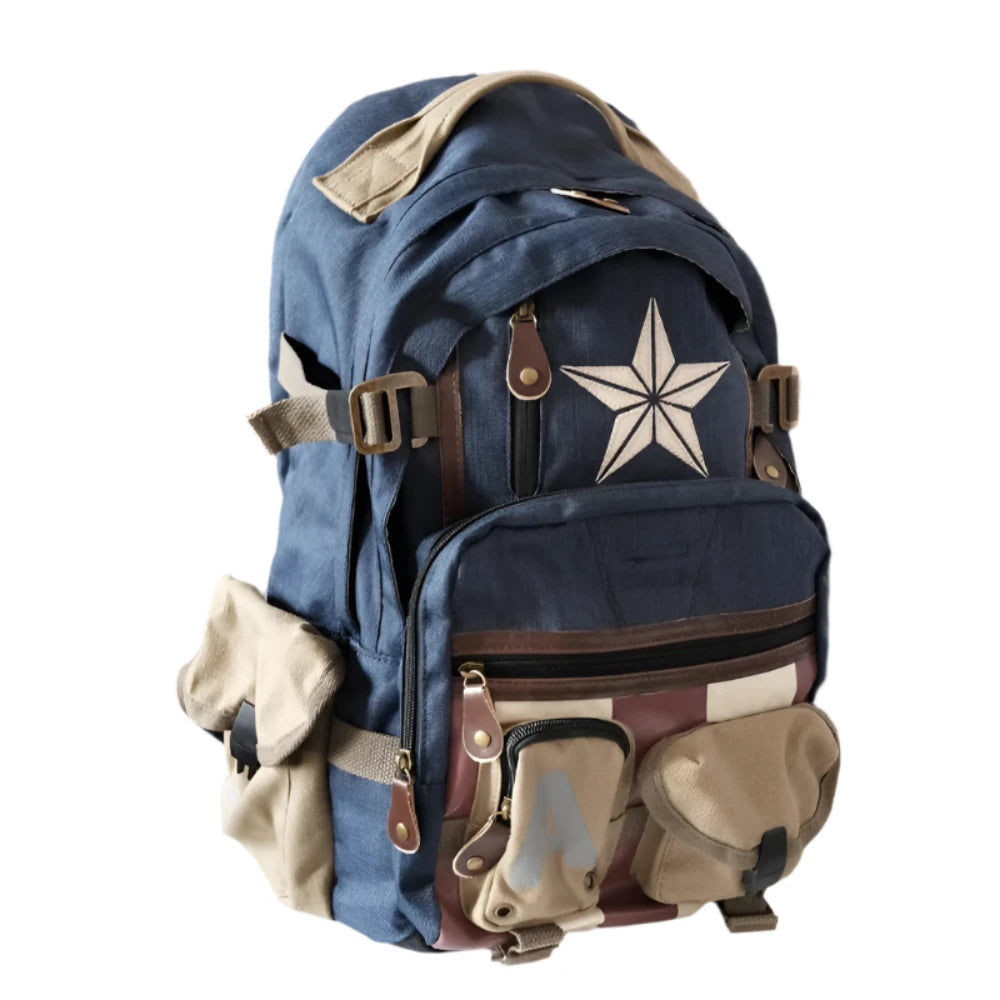 Blue and beige cartoon superhero fans backpack with star design and multiple front pockets