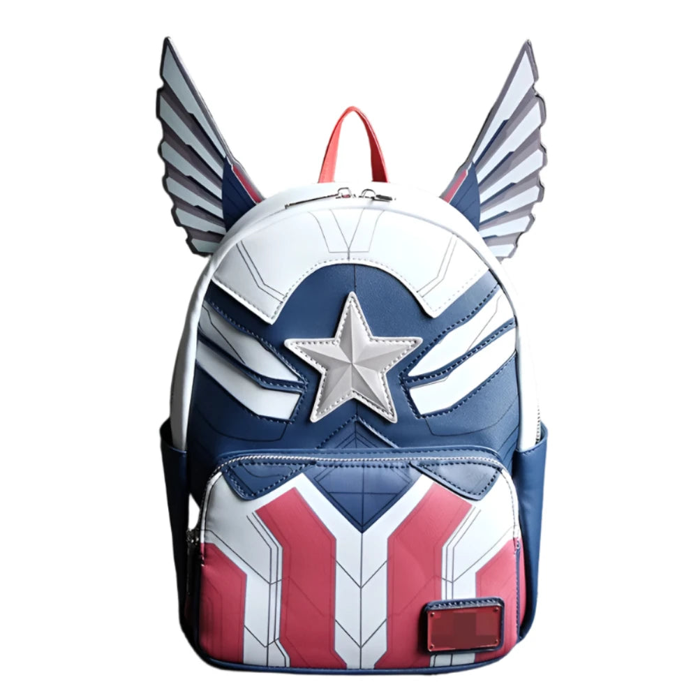 LuckeLadybug LLC cartoon superhero fans backpack with wing details and star emblem in red white and blue