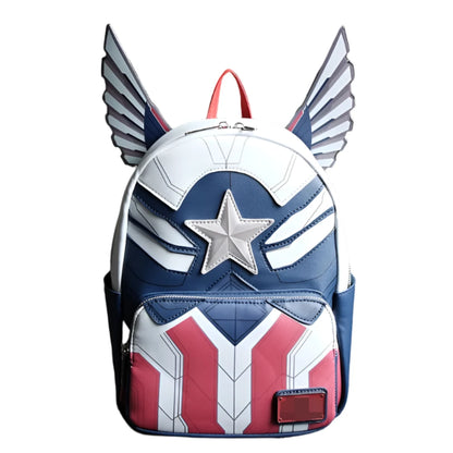 LuckeLadybug LLC cartoon superhero fans backpack with wing details and star emblem in red white and blue