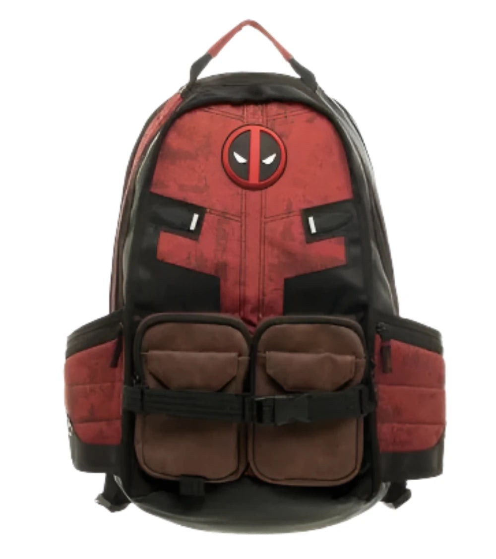 Red and black cartoon superhero fans backpack with multiple pockets and adjustable straps
