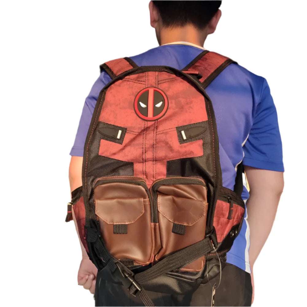 Cartoon superhero fans backpack featuring a red and black design with front pockets worn by a person